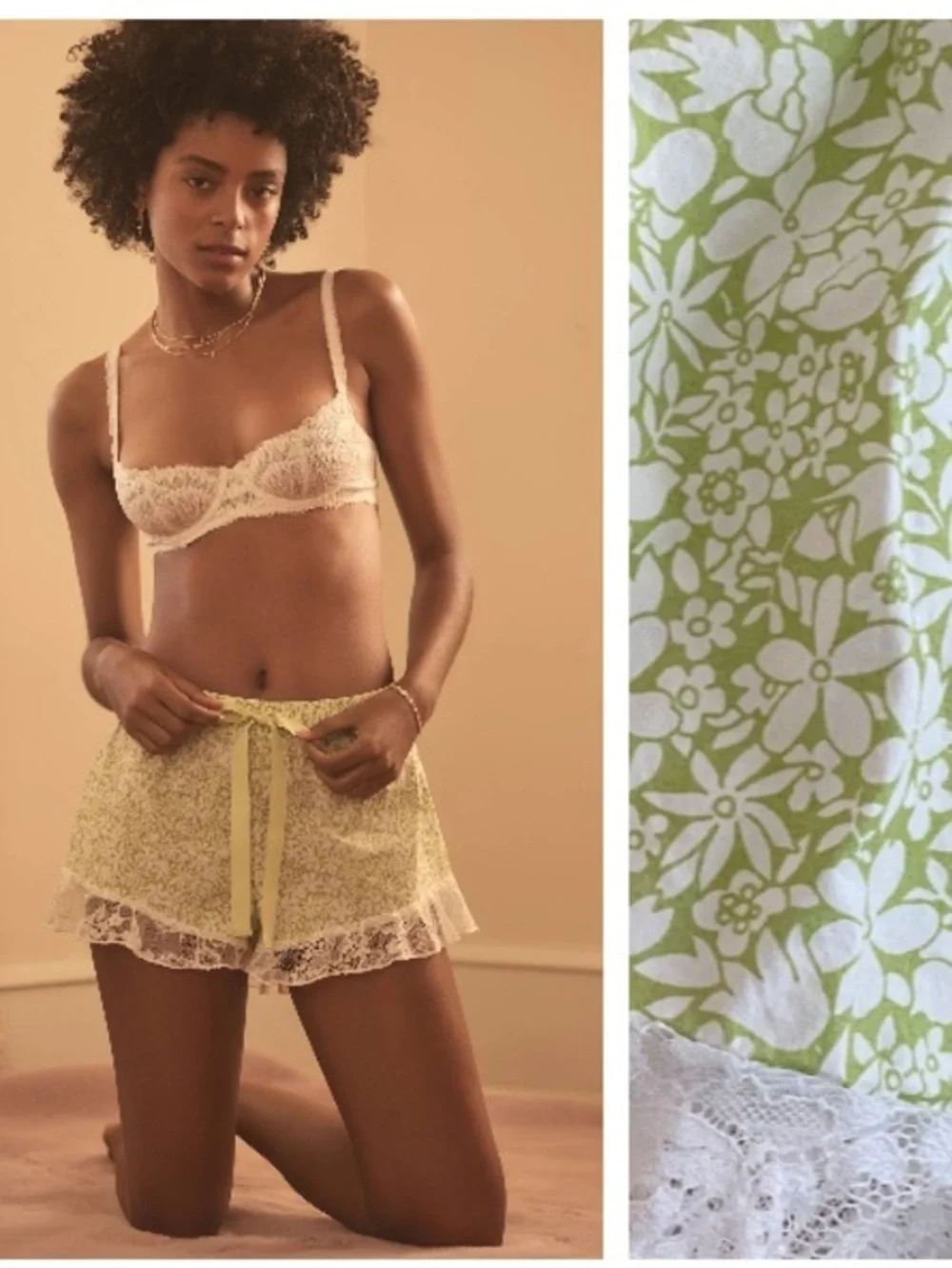 Anthropologie Green White Floral Print Lace Trim Pajama Shorts Small